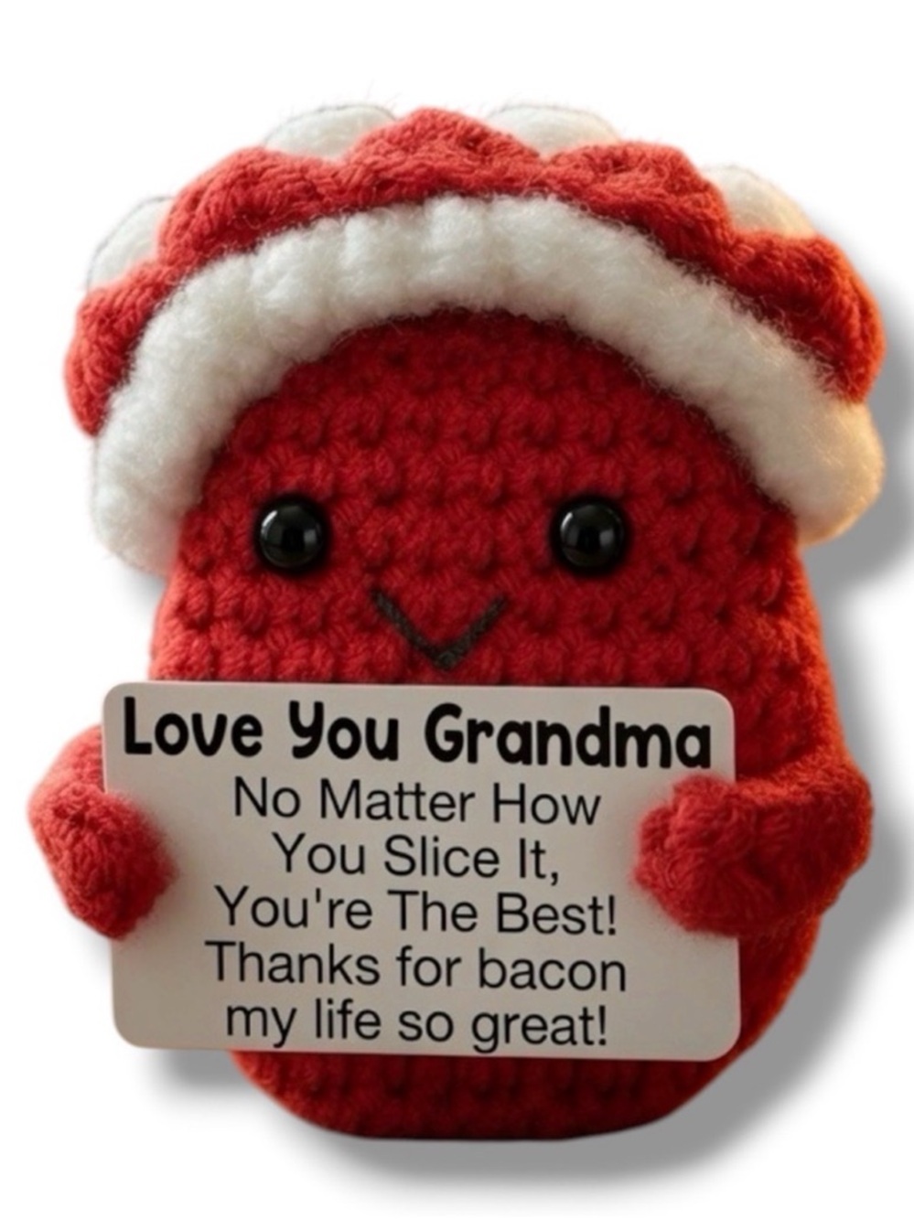 Red Crochet Bacon Plush With 'Love You Grandma' Sign